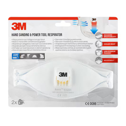 3M™ Aura™ Stofmasker voor handmatig en machinaal schuren 9322+, FFP2, ventiel, 2/pak