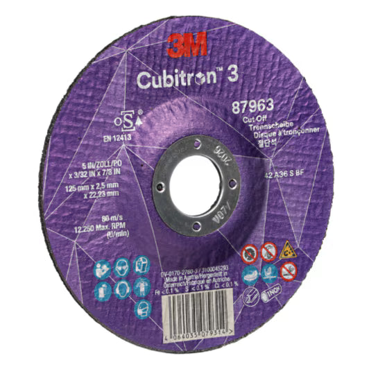 3M™ Cubitron™ 3 doorslijpschijf, 87963, 36+, T42, 125 mm x 2,5 mm x 22,23 mm, EN, 25/verpakking, 50 stuks/doos