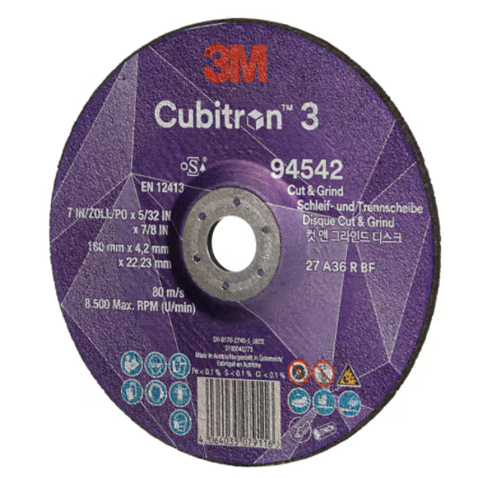 3M™ Cubitron™ 3 Cut & Grind-schijf, 94542, 36+, T27, 180 mm x 4,2 mm x 22,23 mm, EN, 10/verpakking, 20 stuks/doos