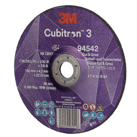 3M™ Cubitron™ 3 Cut & Grind-schijf, 94542, 36+, T27, 180 mm x 4,2 mm x 22,23 mm, EN, 10/verpakking, 20 stuks/doos