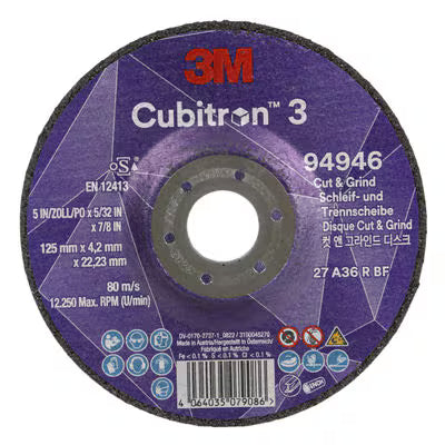 3M™ Cubitron™ 3 Cut & Grind-schijf, 94946, 36+, T27, 125 mm x 4,2 mm x 22,23 mm, EN, 10/verpakking, 20 stuks/doos