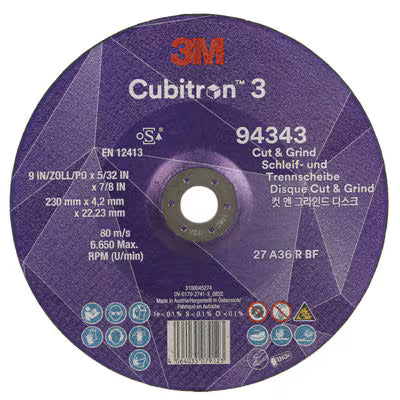 3M™ Cubitron™ 3 Cut & Grind-schijf, 94343, 36+, T27, 230 mm x 4,2 mm x 22,23 mm, EN, 10/verpakking, 20 stuks/doos