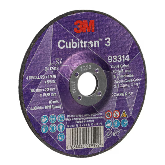 3M™ Cubitron™ 3 Cut & Grind-schijf, 93314, 36+, T27, 100 mm x 3,2 mm x 15,88 mm, EN, 10/verpakking, 20 stuks/doos