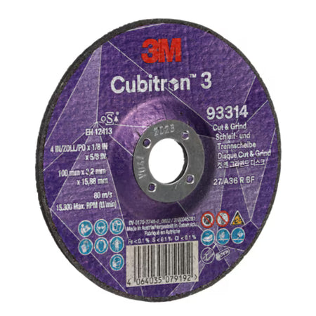 3M™ Cubitron™ 3 Cut & Grind-schijf, 93314, 36+, T27, 100 mm x 3,2 mm x 15,88 mm, EN, 10/verpakking, 20 stuks/doos