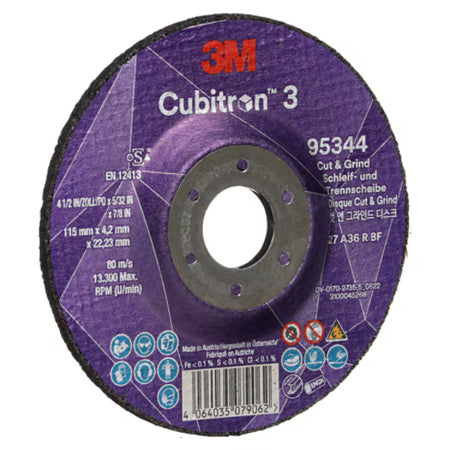 3M™ Cubitron™ 3 Cut & Grind-schijf, 95344, 36+, T27, 115 mm x 4,2 mm x 22,23 mm, EN, 10/verpakking, 20 stuks/doos