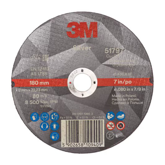 3M™ Silver Doorslijpschijf, T41, 180 mm x 2 mm x 22.23 mm