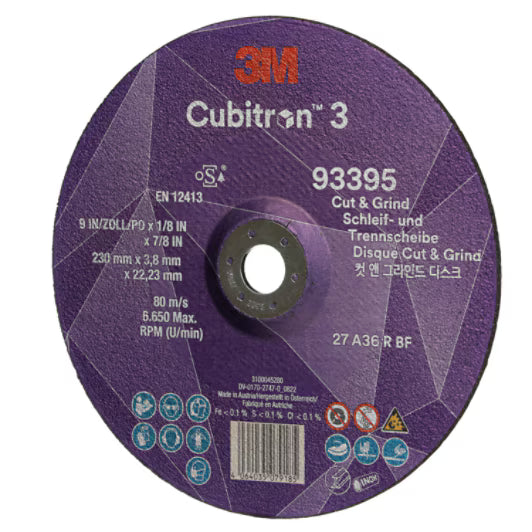3M™ Cubitron™ 3 Cut & Grind-schijf, 93395, 36+, T27, 230 mm x 3,8 mm x 22,23 mm, EN, 10/verpakking, 20 stuks/doos