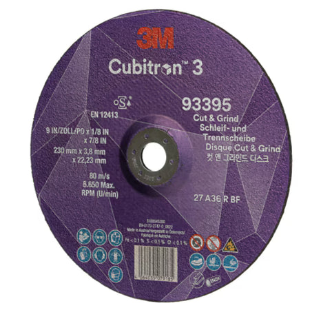 3M™ Cubitron™ 3 Cut & Grind-schijf, 93395, 36+, T27, 230 mm x 3,8 mm x 22,23 mm, EN, 10/verpakking, 20 stuks/doos