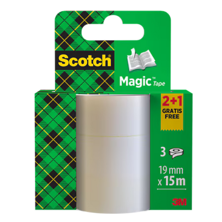 Scotch® Magic™ Invisible Tape 8-1915R3/2, promotiepakket, 19 mm x 15 m, 2 + 1 GRATIS rollen/verpakking
