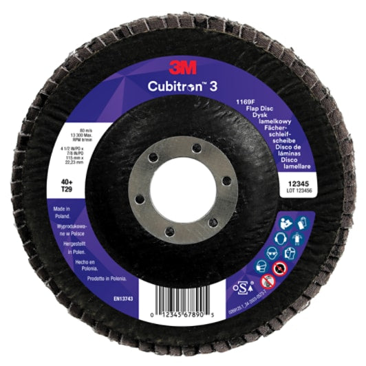 3M™ Cubitron™ 3 Lamellenschijf 1169F, 40+, T29-Conical, 115 mm x 22.23 mm, 1/Pack, 10 ea/Case, Sample Pack