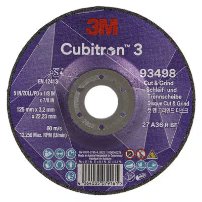 3M™ Cubitron™ 3 Cut & Grind-schijf, 93498, 36+, T27, 125 mm x 3,2 mm x 22,23 mm, EN, 10/verpakking, 20 stuks/doos