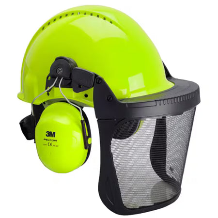 3M™ Helmcombinatie voor de bosbouw, G3000 hi-viz-helm, H31-gehoorkappen, gaas gelaatscherm V5J, G3000NGB31V5J