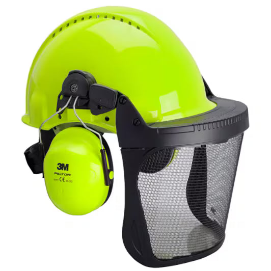 3M™ Helmcombinatie voor de bosbouw, G3000 hi-viz-helm, H31-gehoorkappen, gaas gelaatscherm V5J, G3000NGB31V5J