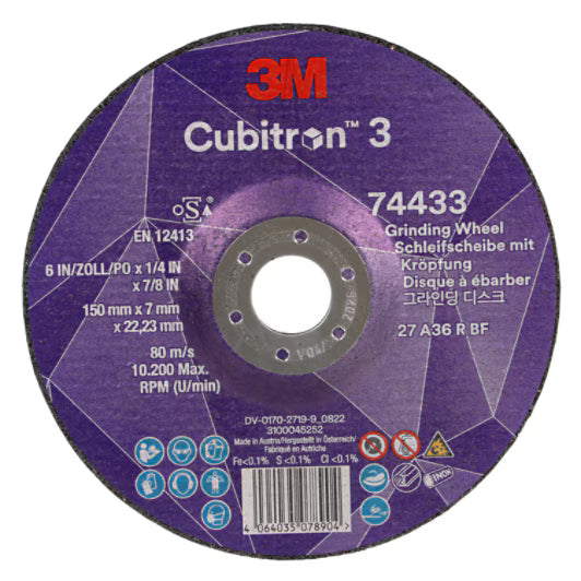 3M™ Cubitron™ 3 Afbraamschijf met verlaagd asgat, 74433, 36+, T27, 150 mm x 7 mm x 22,23 mm, speciale voor maken van groeven EN, 10/verpakking, 20 st/doos