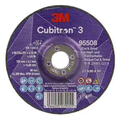 3M™ Cubitron™ 3 Cut & Grind-schijf, 95508, 36+, T27, 100 mm x 4,2 mm x 15,88 mm, EN, 10/verpakking, 20 stuks/doos