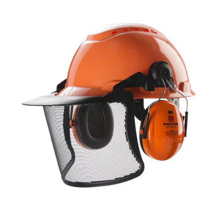 3M™ Helmcombinatie voor de bosbouw, H700 oranje helm, Optime I gehoorkappen, metalen gelaatsscherm V4G, H700NOR51V4G
