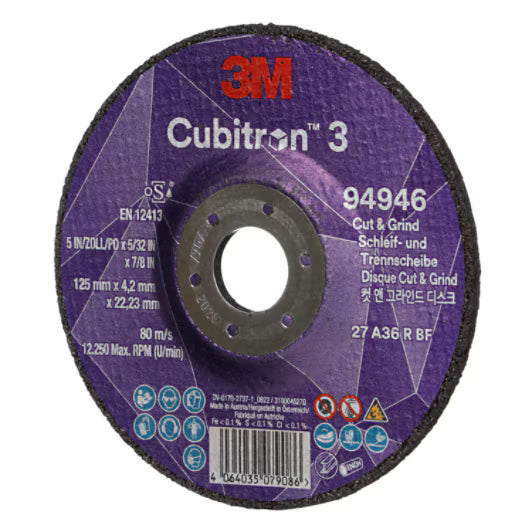 3M™ Cubitron™ 3 Cut & Grind-schijf, 94946, 36+, T27, 125 mm x 4,2 mm x 22,23 mm, EN, 10/verpakking, 20 stuks/doos
