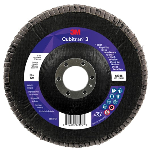 3M™ Cubitron™ 3 Lamellenschijf 1169F, 60+, T29 conisch, 125 mm x 22,23 mm, 10/verpakking, 100 stuks/doos