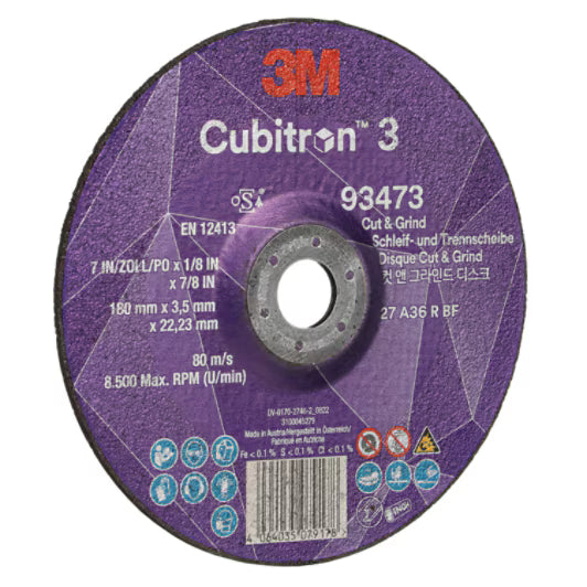 3M™ Cubitron™ 3 Cut & Grind-schijf, 93473, 36+, T27, 180 mm x 3,7 mm x 22,23 mm, EN, 10/verpakking, 20 stuks/doos