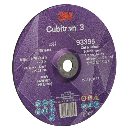 3M™ Cubitron™ 3 Cut & Grind-schijf, 93395, 36+, T27, 230 mm x 3,8 mm x 22,23 mm, EN, 10/verpakking, 20 stuks/doos