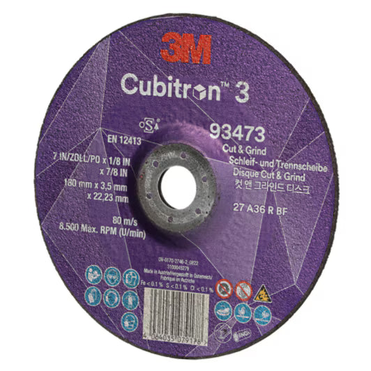 3M™ Cubitron™ 3 Cut & Grind-schijf, 93473, 36+, T27, 180 mm x 3,7 mm x 22,23 mm, EN, 10/verpakking, 20 stuks/doos