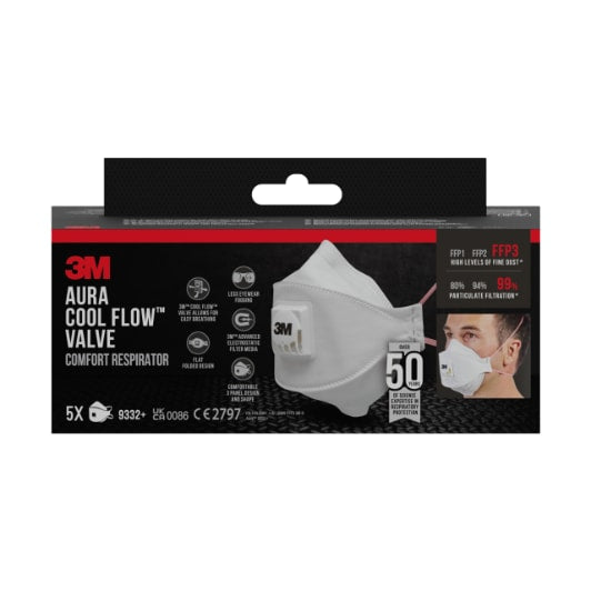 3M™ Aura™ Comfort Cool Flow™ Stofmasker 9332+, FFP3, met ventiel, 5/verpakking