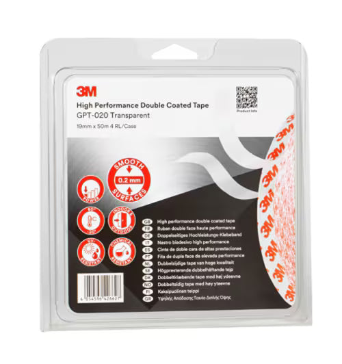 3M™ Dubbelzijdige Tape GPT-020, Transparant, 19 mm x 50 m, 0.2 mm