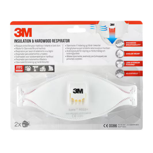 3M™ Aura™ Comfort Cool Flow™ Stofmasker 9332+, FFP3, met ventiel, 2/verpakking