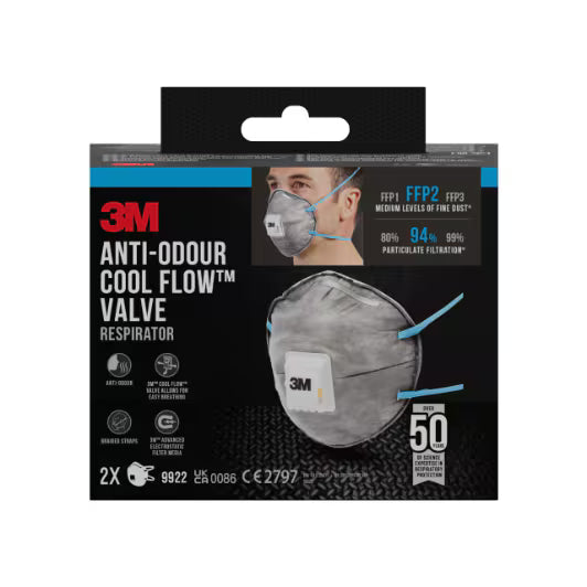3M™ Cool Flow™ Geurwerend stofmasker 9922, FFP2, met ventiel, 2/verpakking