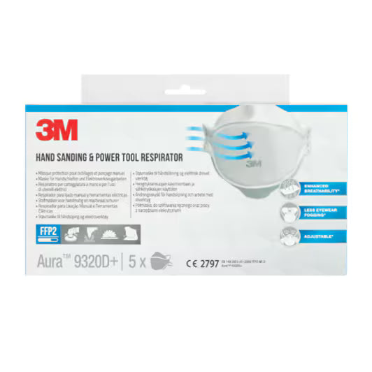3M™ 9320D+ Aura™ Wegwerpstofmaskers, FFP2, zonder ventiel, 5/verpakking