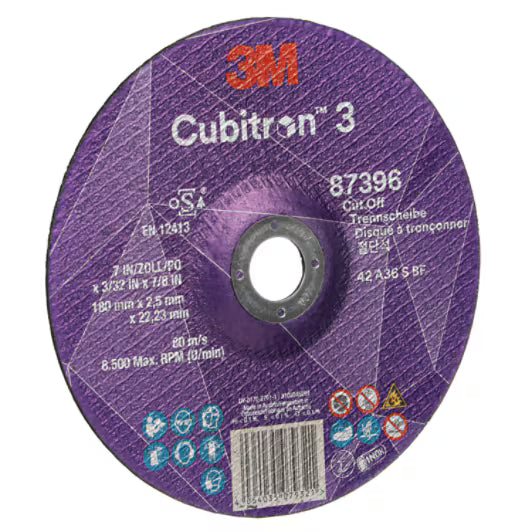 3M™ Cubitron™ 3 doorslijpschijf, 87396, 36+, T42, 180 mm x 2,5 mm x 22,23 mm, EN, 25/verpakking, 50 stuks/doos