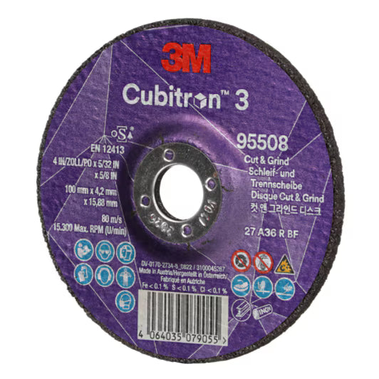 3M™ Cubitron™ 3 Cut & Grind-schijf, 95508, 36+, T27, 100 mm x 4,2 mm x 15,88 mm, EN, 10/verpakking, 20 stuks/doos