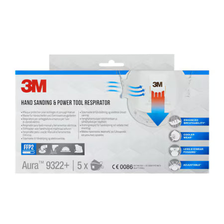 3M™ Aura™ Stofmasker voor handmatig en machinaal schuren 9322+, FFP2, ventiel, 5/pak