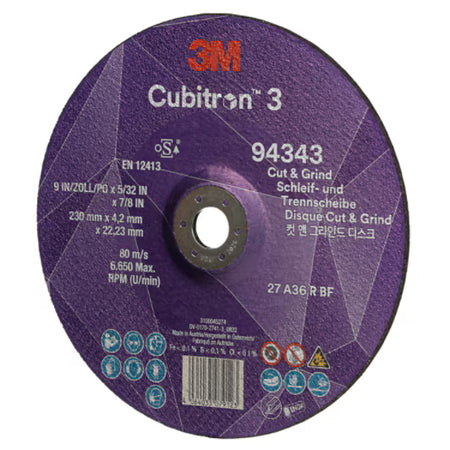 3M™ Cubitron™ 3 Cut & Grind-schijf, 94343, 36+, T27, 230 mm x 4,2 mm x 22,23 mm, EN, 10/verpakking, 20 stuks/doos