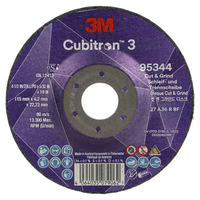 3M™ Cubitron™ 3 Cut & Grind-schijf, 95344, 36+, T27, 115 mm x 4,2 mm x 22,23 mm, EN, 10/verpakking, 20 stuks/doos