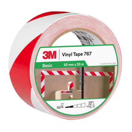 3M™ Waarschuwingsmarkeringtape 767, Rood/Wit, 50 mm x 33 m, Individueel en handig verpakt