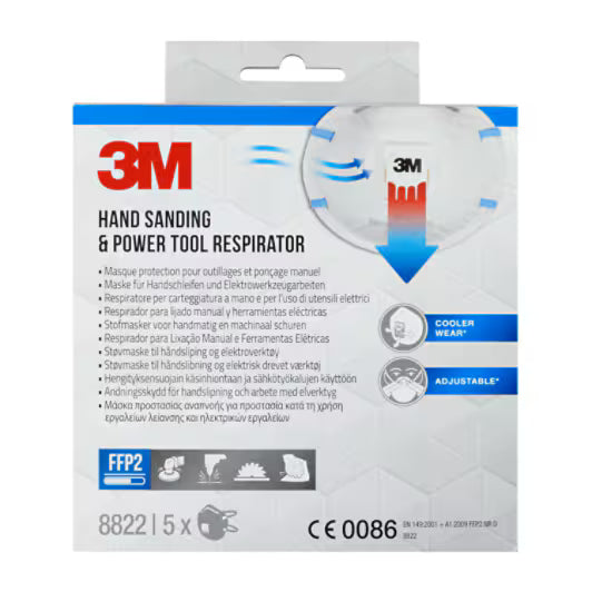 3M™ Stofmasker voor handmatig en machinaal schuren 8822, FFP2, ventiel, 5/pak