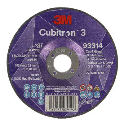 3M™ Cubitron™ 3 Cut & Grind-schijf, 93314, 36+, T27, 100 mm x 3,2 mm x 15,88 mm, EN, 10/verpakking, 20 stuks/doos