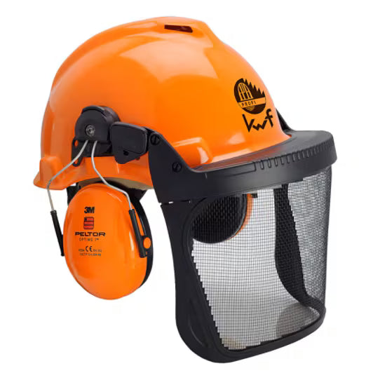 3M™ Bosbouwcombinatie, G3000 oranje veiligheidshelm, H31 gehoorkappen, FH1 houder, 5C gaas gelaatsscherm, KWF, G3000MOR31FH15C FPA