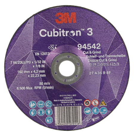3M™ Cubitron™ 3 Cut & Grind-schijf, 94542, 36+, T27, 180 mm x 4,2 mm x 22,23 mm, EN, 10/verpakking, 20 stuks/doos