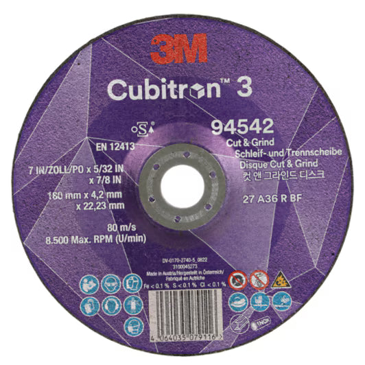 3M™ Cubitron™ 3 Cut & Grind-schijf, 94542, 36+, T27, 180 mm x 4,2 mm x 22,23 mm, EN, 10/verpakking, 20 stuks/doos