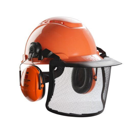 3M™ Helmcombinatie voor de bosbouw, H700 oranje helm, Optime I gehoorkappen, metalen gelaatsscherm V4G, H700NOR51V4G