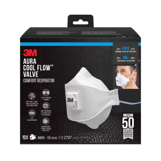 3M™ Aura™ Comfort Cool Flow™ Stofmasker 9322+, FFP2, met ventiel, 10/verpakking