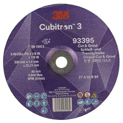 3M™ Cubitron™ 3 Cut & Grind-schijf, 93395, 36+, T27, 230 mm x 3,8 mm x 22,23 mm, EN, 10/verpakking, 20 stuks/doos