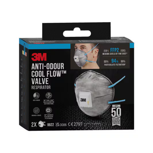 3M™ Cool Flow™ Geurwerend stofmasker 9922, FFP2, met ventiel, 2/verpakking