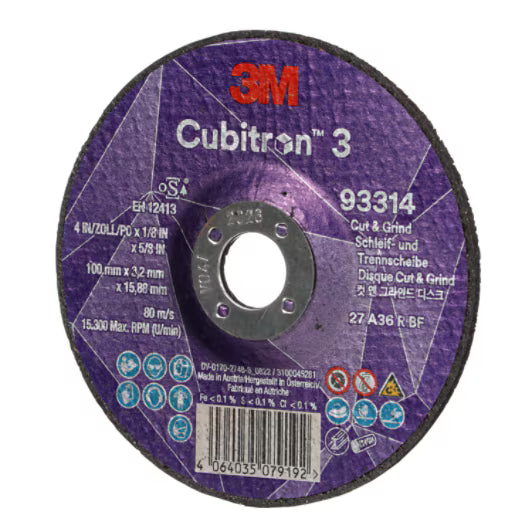3M™ Cubitron™ 3 Cut & Grind-schijf, 93314, 36+, T27, 100 mm x 3,2 mm x 15,88 mm, EN, 10/verpakking, 20 stuks/doos