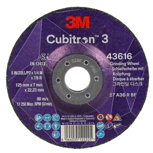 3M™ Cubitron™ 3 Afbraamschijf met verlaagd asgat, 43616, 36, T27, 125 mm x 7 mm x 22,23 mm, speciale voor maken van groeven EN, 10/verpakking, 20 stuks/doos