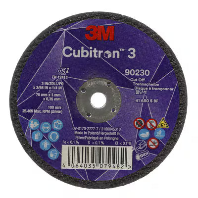 3M™ Cubitron™ 3 doorslijpschijf, 90230, 60+, T41, 75 mm x 1 mm x 6,35 mm, EN, 25/verpakking, 50 stuks/doos