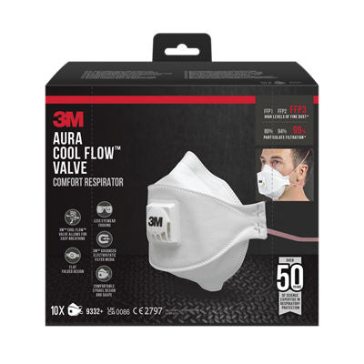 3M™ Aura™ Comfort Cool Flow™ Stofmasker 9332+, FFP3, met ventiel, 10/verpakking