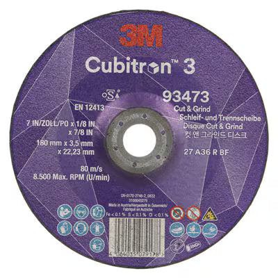 3M™ Cubitron™ 3 Cut & Grind-schijf, 93473, 36+, T27, 180 mm x 3,7 mm x 22,23 mm, EN, 10/verpakking, 20 stuks/doos